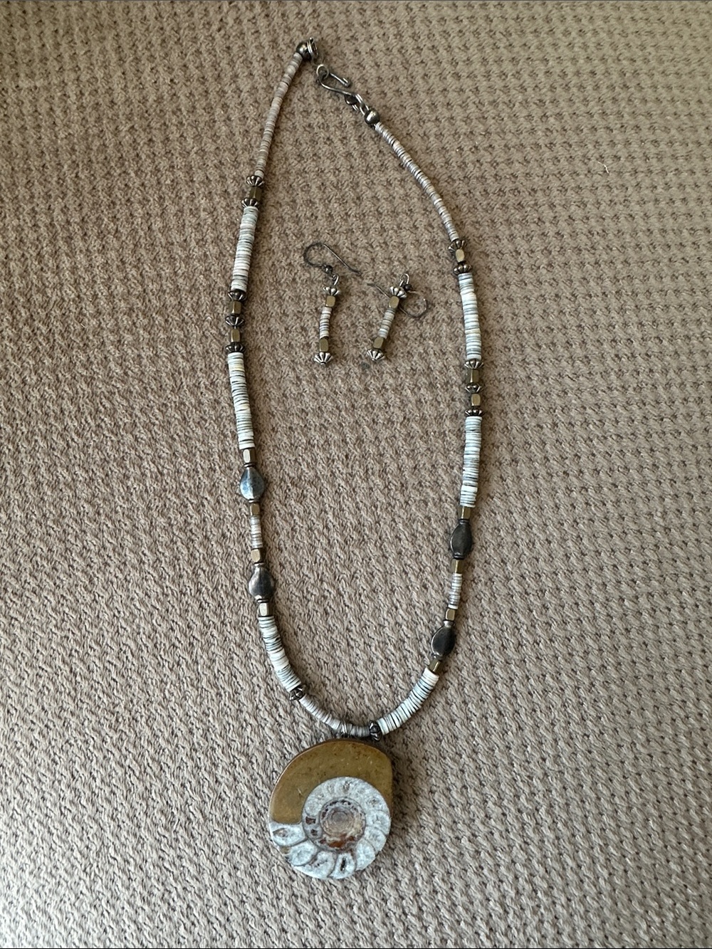 Ammonite Sterling Silver Heishi Pendant Necklace with Matching Earrings